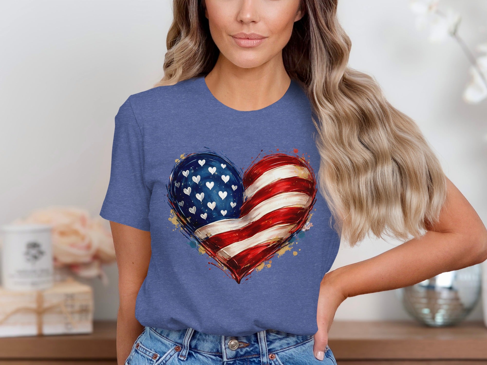 Blue t-shirt with a distressed American flag heart graphic and white hearts.