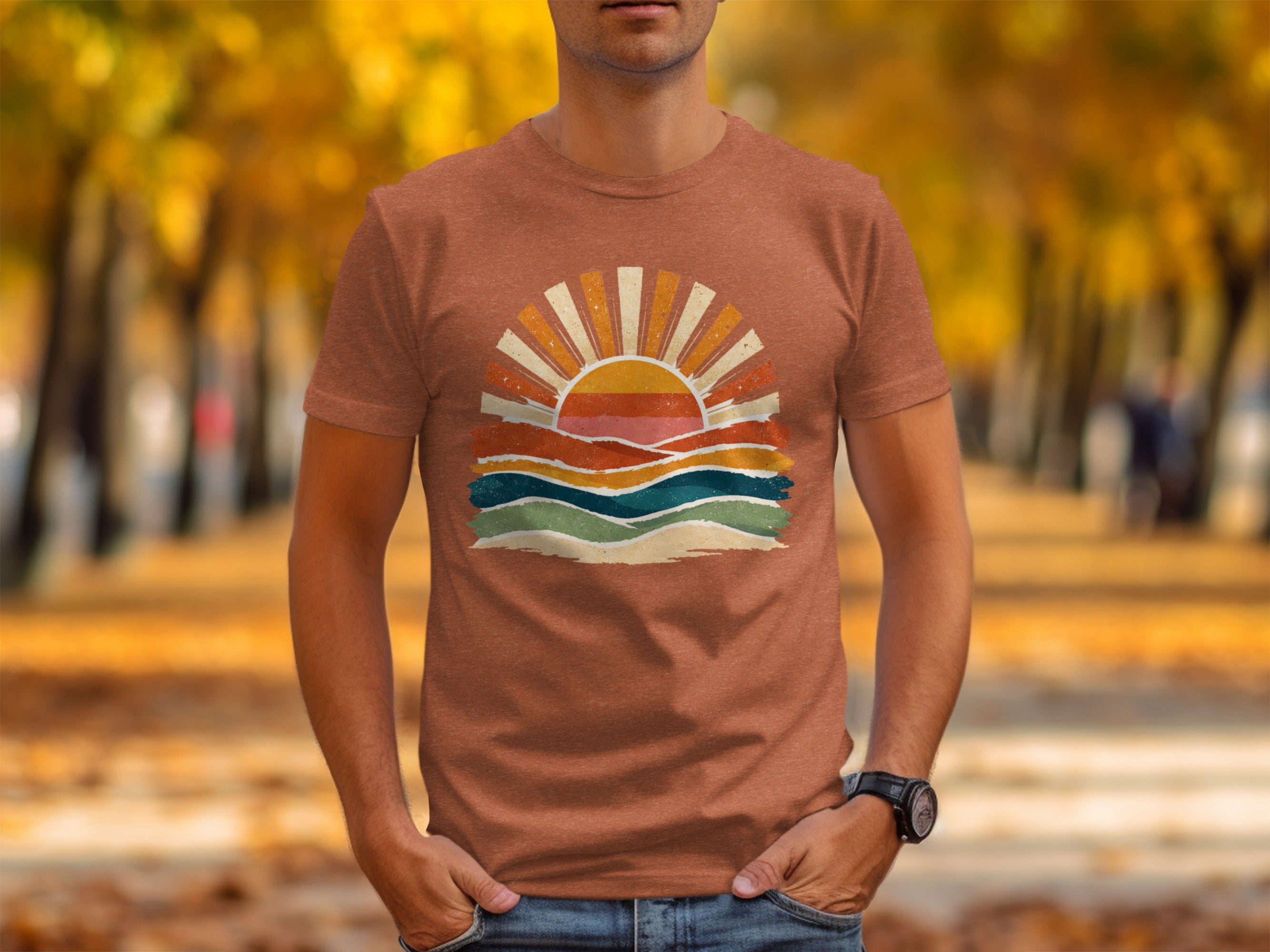 T-shirt with vintage sun and wavy abstract landscape graphic.
