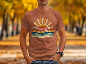 T-shirt with vintage sun and wavy abstract landscape graphic.