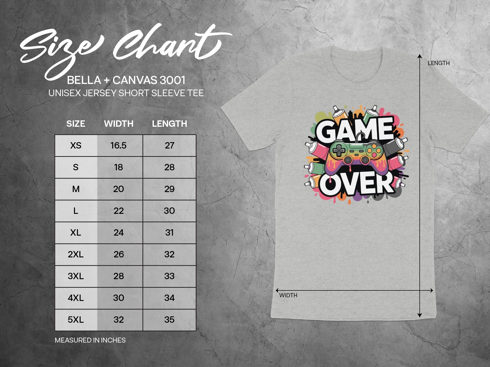 Size chart for Bella + Canvas 3001 unisex jersey t-shirt with "Game Over" graphic.