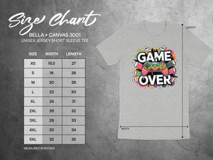 Size chart for Bella + Canvas 3001 unisex jersey t-shirt with "Game Over" graphic.