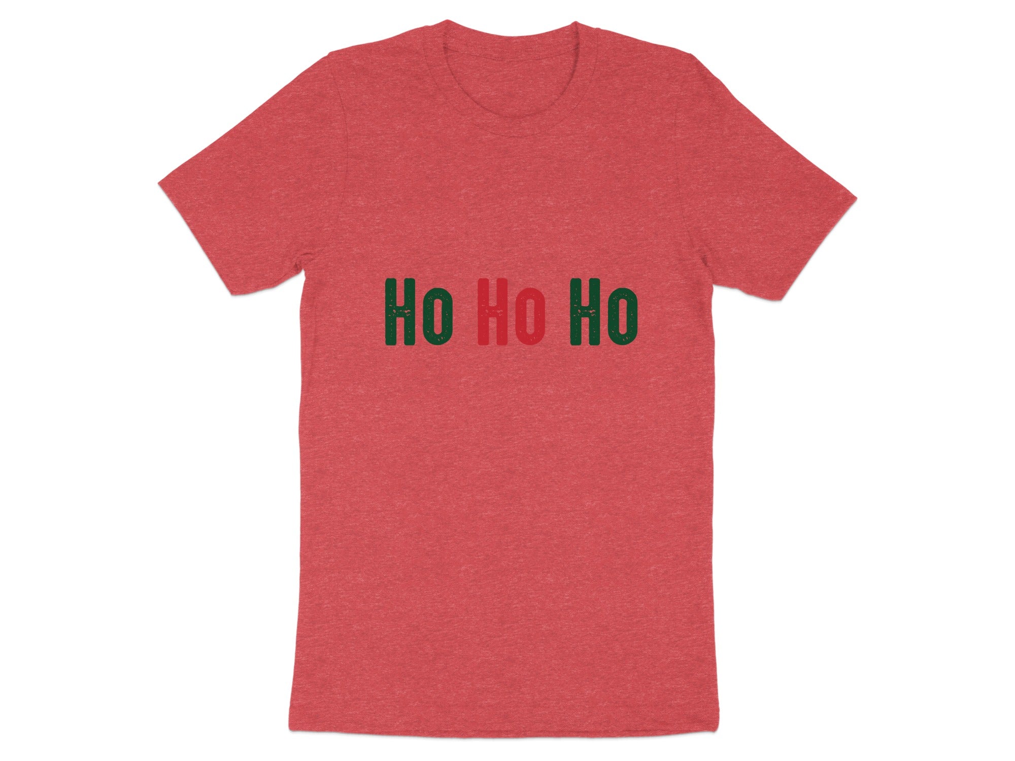 Red t-shirt with "HO HO HO" text in green and red.