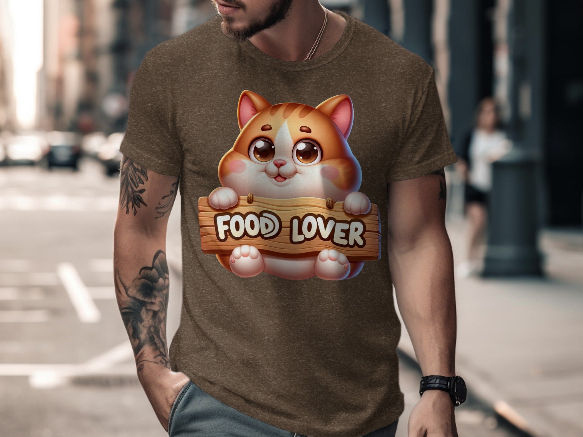 Cartoon cat holding a wooden sign that says "FOOD LOVER".
