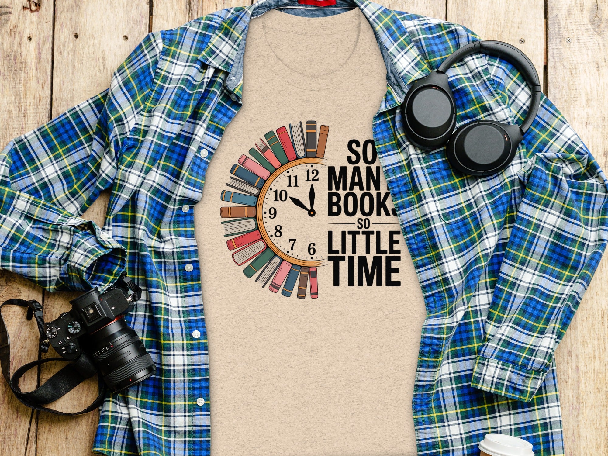 T-shirt with "So much book, so little time" text and book clock graphic.