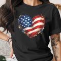 Black t-shirt with a watercolor American flag heart graphic.