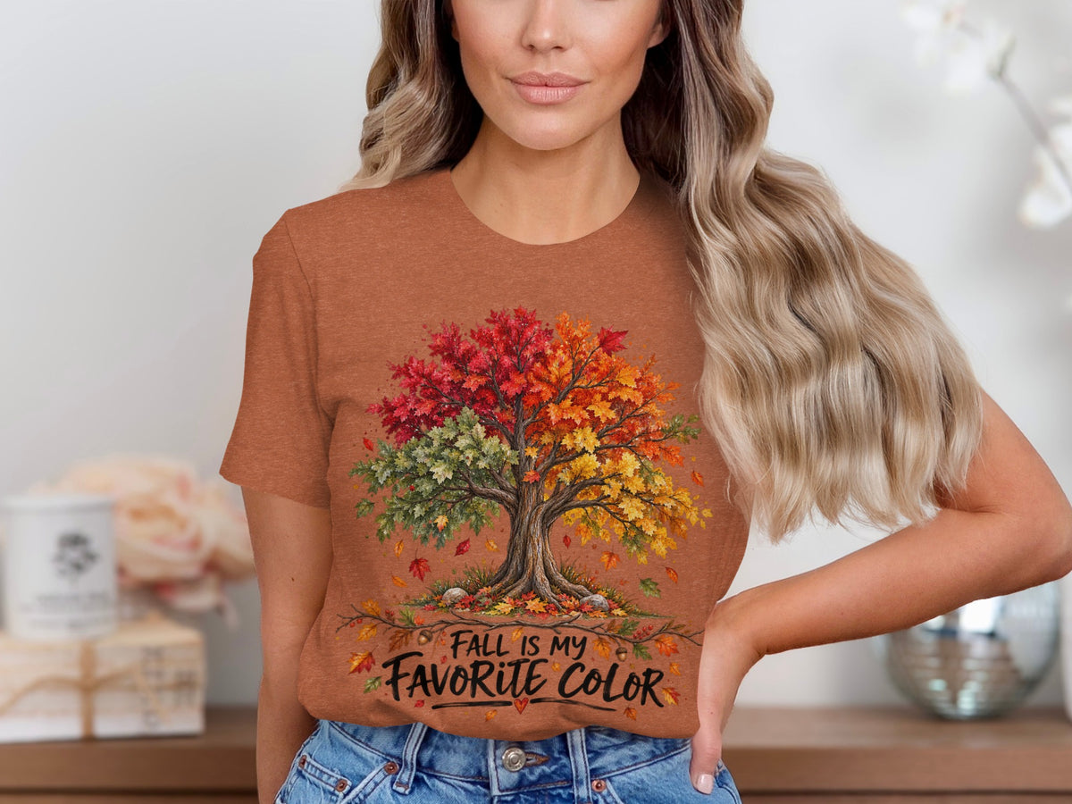 Autumn tree with red, orange, and yellow leaves, reads "Fall is my favorite color".