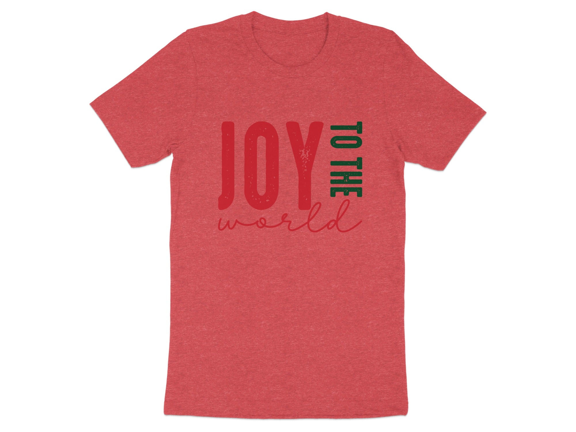 Red t-shirt with "JOY TO THE WORLD" text in red and green.